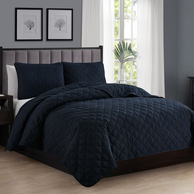 Swift Home | Essential Diamond Stitched 3-Piece Quilt Set Navy Twin/Twin XL