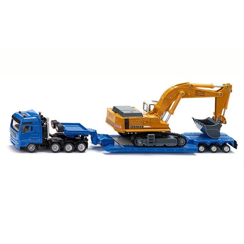Heavy Haulage Flatbed Transporter Blue and Liebherr 974 Litronic Excavator Yellow 1/87 (HO) Diecast Models by Siku