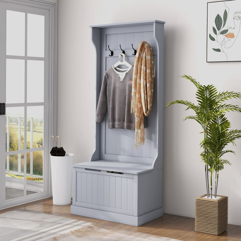 HOMCOM 3-In-1 Entryway Hall Tree with Storage Bench, Coat Rack with Four Hooks, and Shoe Storage, Gray