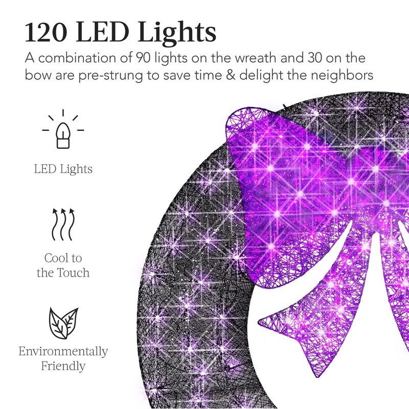 Best Choice Products 36in Pre-Lit Outdoor Christmas Wreath, LED Metal Holiday Decor w/ 120 Lights, Bow - Purple/Black