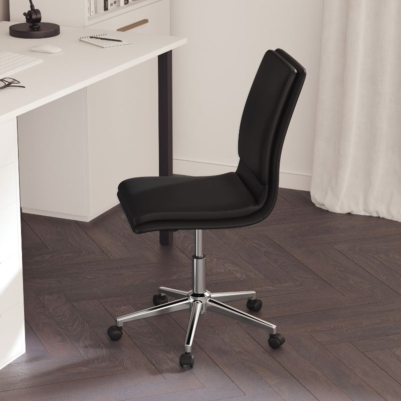 Merrick Lane Mid-Back Armless Home Office Chair with Height Adjustable Swivel Seat and Five Star Chrome Base, Black Faux Leather
