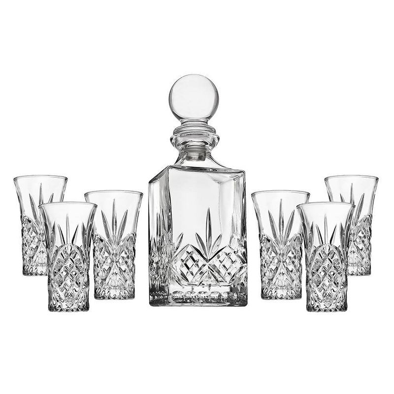 Godinger Silver 7pc Dublin Crystal Spirits Decanter and Shot Glass Set: Hand Wash, Dishwasher-Safe, Service for 6