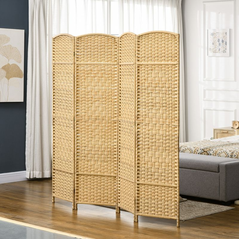 HOMCOM 4 Panel Room Divider, 6' Tall Folding Privacy Screen, Hand-Woven Freestanding Wood Partition for Home Office, Bedroom, Nature Wood