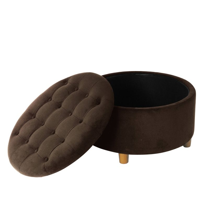 Tufted Round Storage Ottoman Velvet Brown - HomePop: Elegant Honey Oak Legs, Upholstered, Easy to Assemble