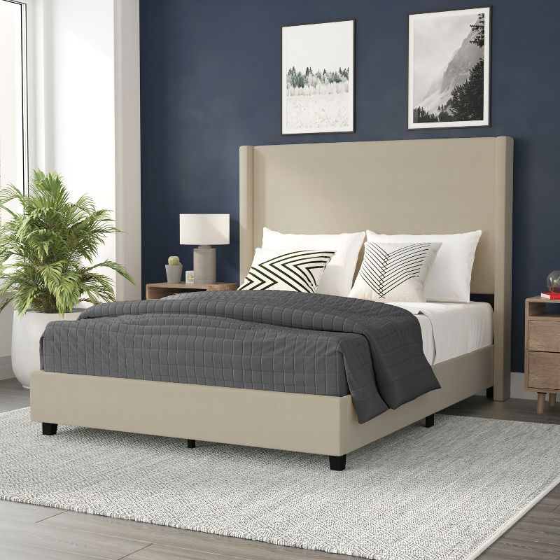 Flash Furniture Quinn Queen Upholstered Platform Bed with Channel Stitched Wingback Headboard, No Box Spring Needed, Beige