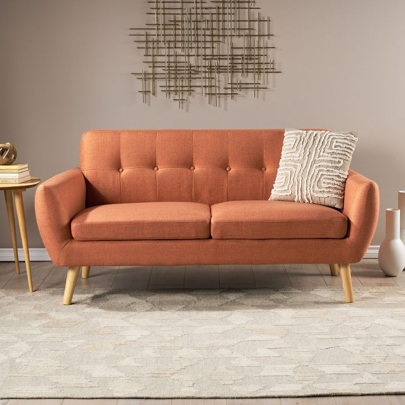 GDFStudio Sheena Mid Century Modern 67.25 " Upholstered Tufted 2 Seater Sofa, Burnt Orange/Natural Oak