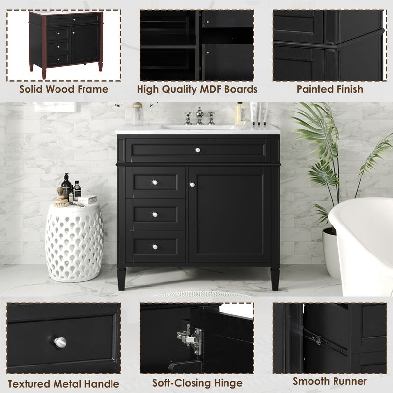 36''W Bathroom Vanity with Top Sink, Modern Bathroom Storage Cabinet with 2 Drawers and a Tip-out Drawer, Black - ModernLuxe
