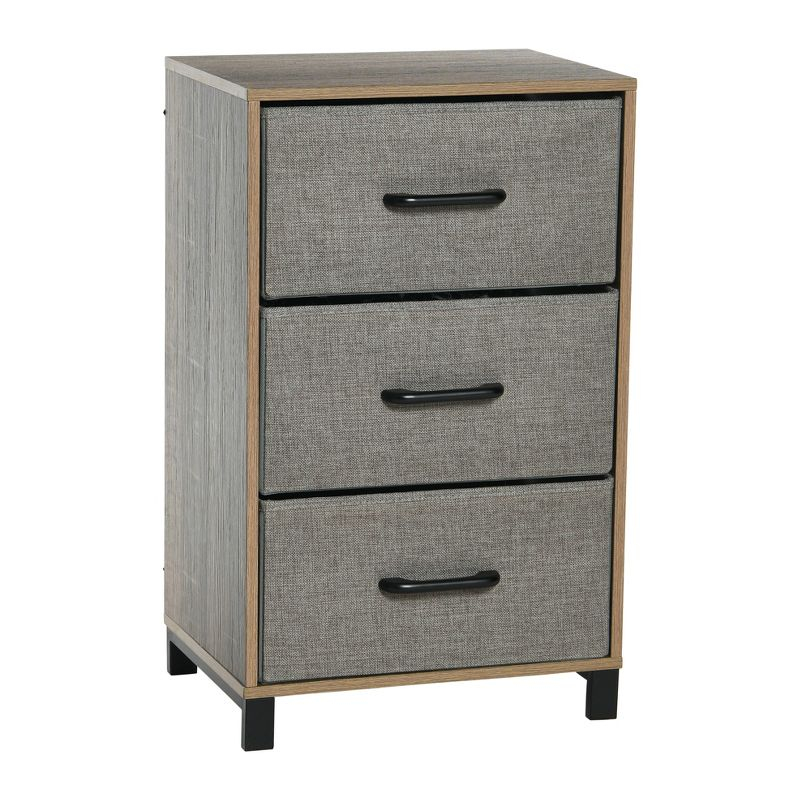 Household Essentials Dresser Nightstand Chest of Drawers Ashwood Rustic Wood Grain with 3 Grey Strorage Drawers