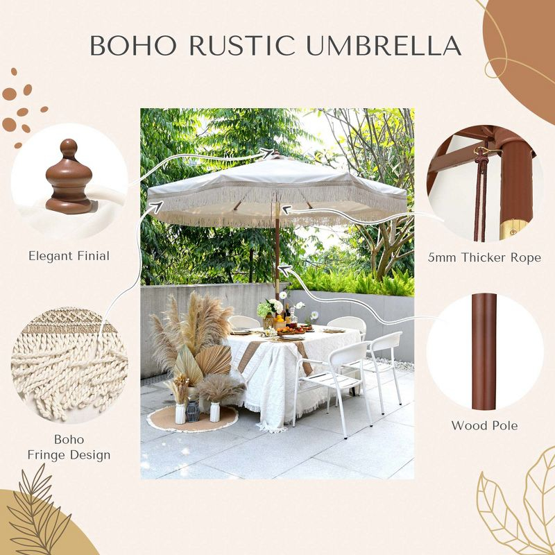 LAGarden BOHO 9' Fringe Patio Umbrella with Tassels UPF50+ Boho Style 5-Year-Non-Fading for Outdoor Yard Market Ivony Xchevron white