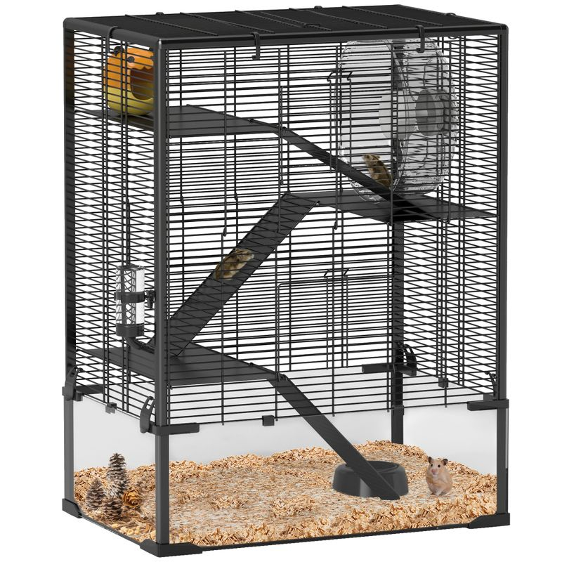 PawHut Deep Glass Bottom Hamster Cage, 4 Tiers Hamster Tank with Running Wheel, Hut, Water Bottle, Food Dish, Rat Cage, Black, 24" x 16" x 31.5"