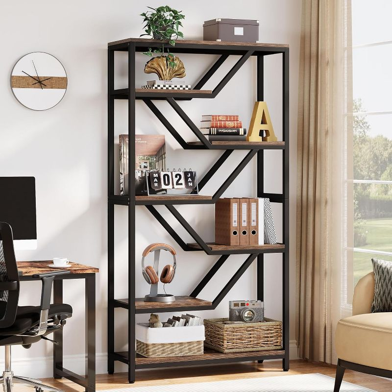 Tribesigns 6-Tier Bookshelf, 72-Inch Tall Industrial Open Storage Organizer, Freestanding Wood Display Rack with Metal Frame for Living Room, Brown