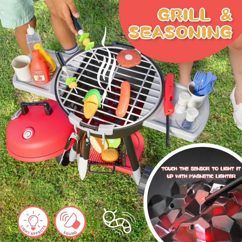 SYNCFUN 34Pcs Portable Charcoal Grill Toy Set Kitchen Toy Set, Toy BBQ Grill Set, Little Chef Play, Kids Grill Playset ,Birthday Gift for Boys Girls