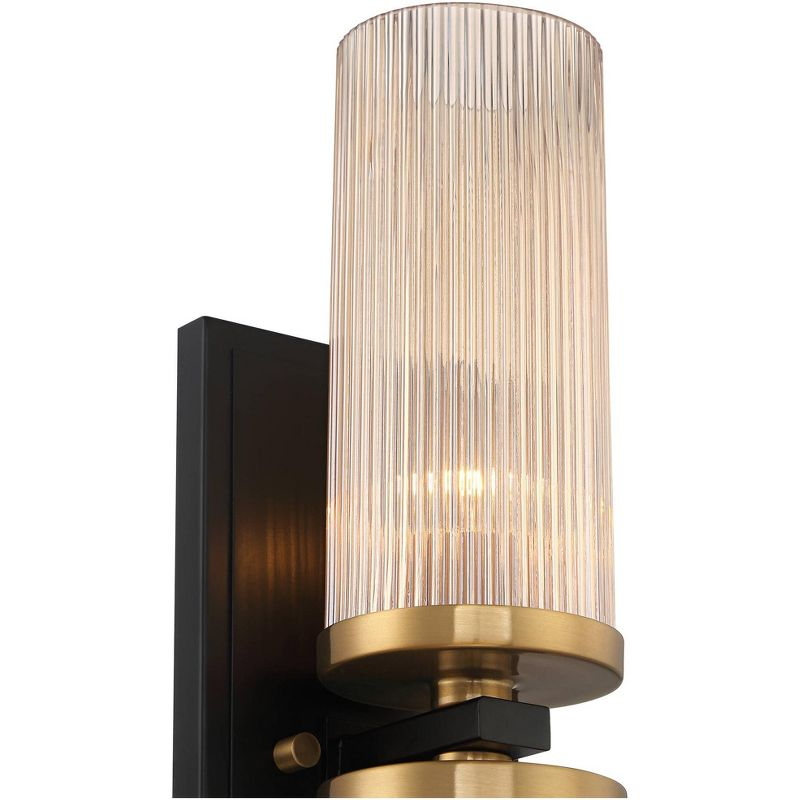 Stiffel Modern Wall Light Sconce Black Brass Hardwired 4 1/4" 2-Light Fixture Ribbed Champagne Glass Shade for Bedroom Bathroom Vanity Living Room