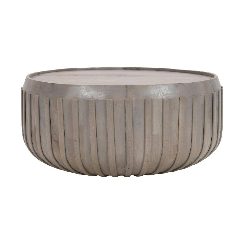 The Urban Port 36" Coffee Table Handcrafted Drum Shape with Ribbed Edges Gray Mango Wood Gray