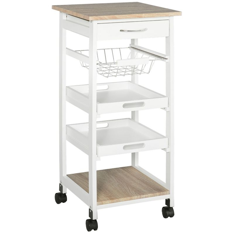 HOMCOM Mobile Rolling Kitchen Island Trolley Serving Cart with Underneath Drawer & Slide-Out Wire Storage Basket, White