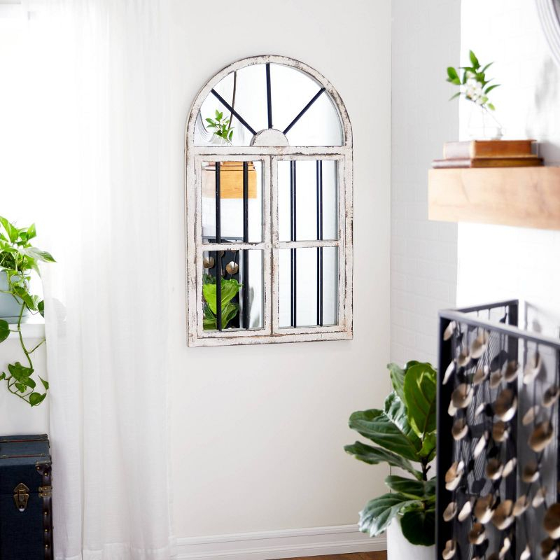 25" x 42" Distressed Wood Arched Window Wall Mirror White - Olivia & May: Antiqued Finish, MDF Frame, No Assembly Required
