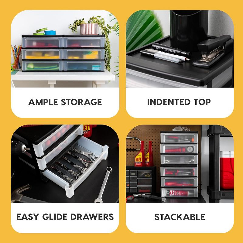 IRIS USA Medium 3-Drawer Stacking Desktop Organizer, 2 Pack, Plastic Drawer Storage Container for Stationery Art Craft Supplies Kitchen Office, Black