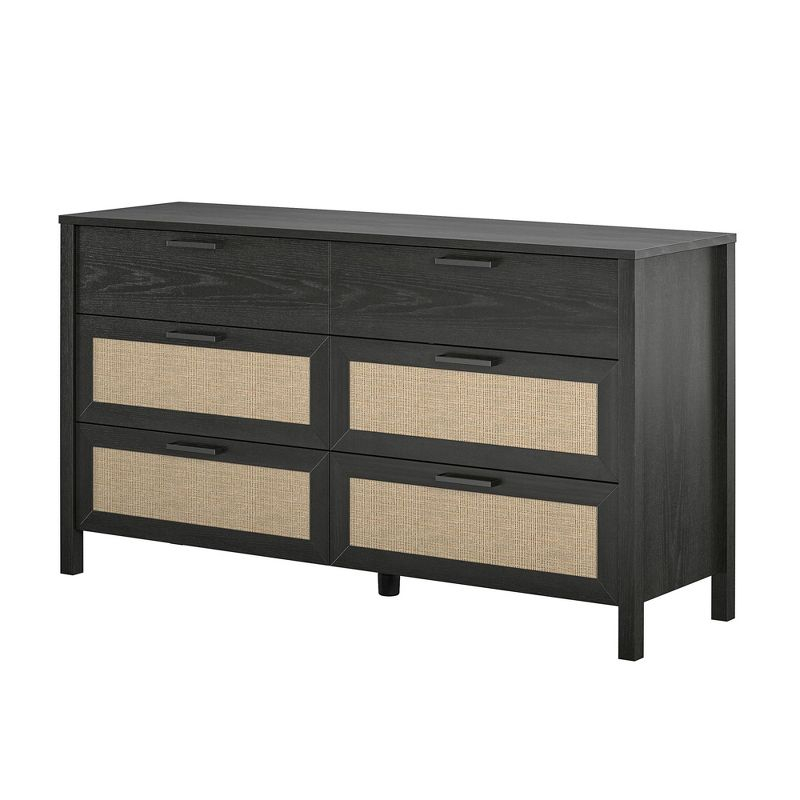 Ameriwood Home Wimberly 6-Drawer Dresser, Black Oak with Faux Rattan