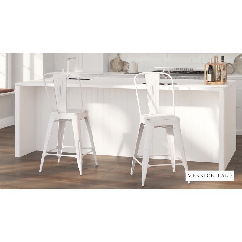 Merrick Lane 24" Metal Indoor-Outdoor Counter Stool with Vertical Slat Back and Integrated Footrest in Distressed Green-Blue