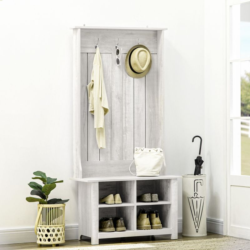 HOMCOM Hall Tree with Shoe Storage Bench, Entryway Bench with Coat Rack, Accent Coat Tree with Adjustable Shelves for Mud Room, Distressed White