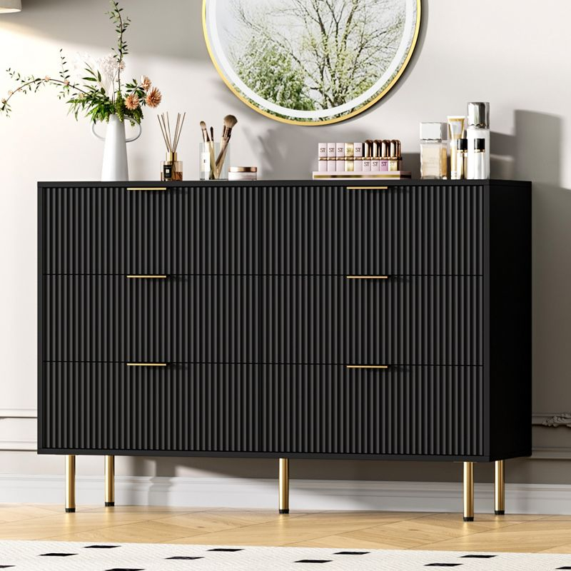 Garvee Fluted Wood Dresser 6 Drawers Dresser for Bedroom, Large Modern Chest of Drawers, Black Dresser with Gold Handle,for Living Room, Hallway