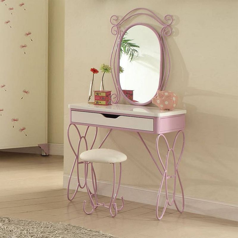 Vanity Set White Purple - Acme Furniture: Butterfly-Shaped Desk with Stool & Storage Drawer