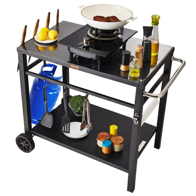 VEVOR Outdoor Grill Dining Cart with Double-Shelf, BBQ Movable Food Prep Table, Multifunctional Iron Table Top, Portable Modular Carts for Pizza Oven