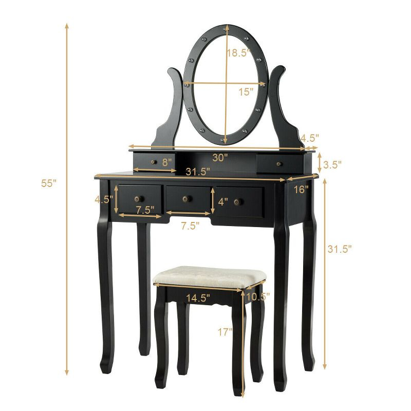 Tangkula Lighted Vanity Mirror Set Makeup Dressing Table w/ 5 Drawers Mirror & 12 LED Bulbs Black