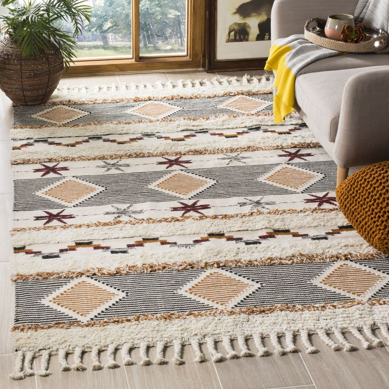 Kenya KNY904 Hand Knotted Area Rug - Ivory/Black-Orange - 6'x9' - Safavieh