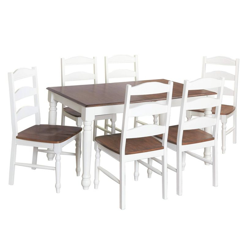 Buylateral 7Pc Skipton Dining Set White/Walnut: Rectangle Table, 6 Wood Chairs, Rubberwood Frame