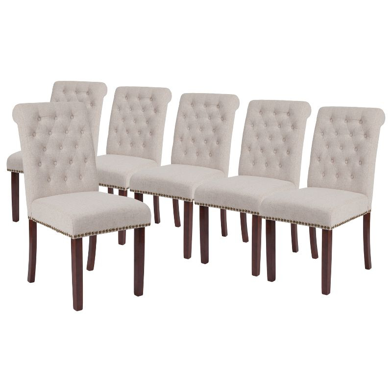 Flash Furniture Set of 6 HERCULES Series Beige Fabric Parsons Chairs with Rolled Back, Accent Nail Trim and Walnut Finish