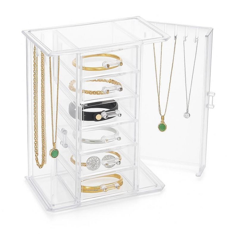 OnDisplay Clear Acrylic Jewelry Organizer Box with 6 Drawers and Side Hooks – Makeup, Necklace, and Accessory Storage for Dresser or Vanity