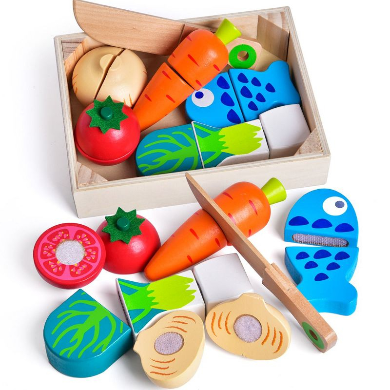 Fun Little Toys Wooden Vegetable Chopper Set – Pretend Play Food Cutting Toy for Kids, Montessori Kitchen Playset