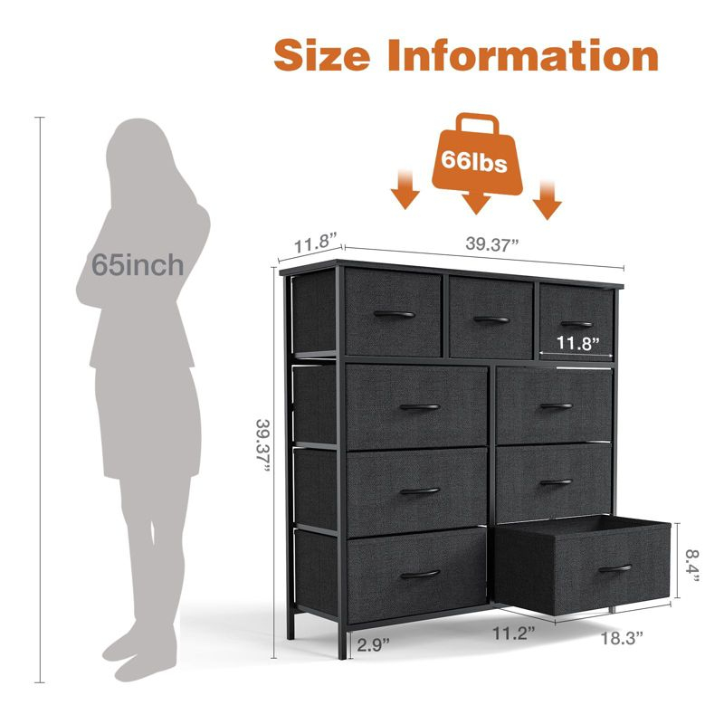 NicBex 9 Drawers Dresser for Bedroom,Chest of Drawers with Fabric Bins and Black Metal Handles Design,Fabric Storage Dressers for Bedroom,Black