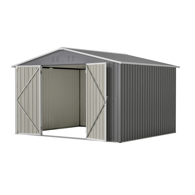 10X8 FT Outdoor Storage Shed, Metal Tool Sheds With Lockable Doors, All Weather Backyard Shed With Pitched Roof, Ventilation Vents