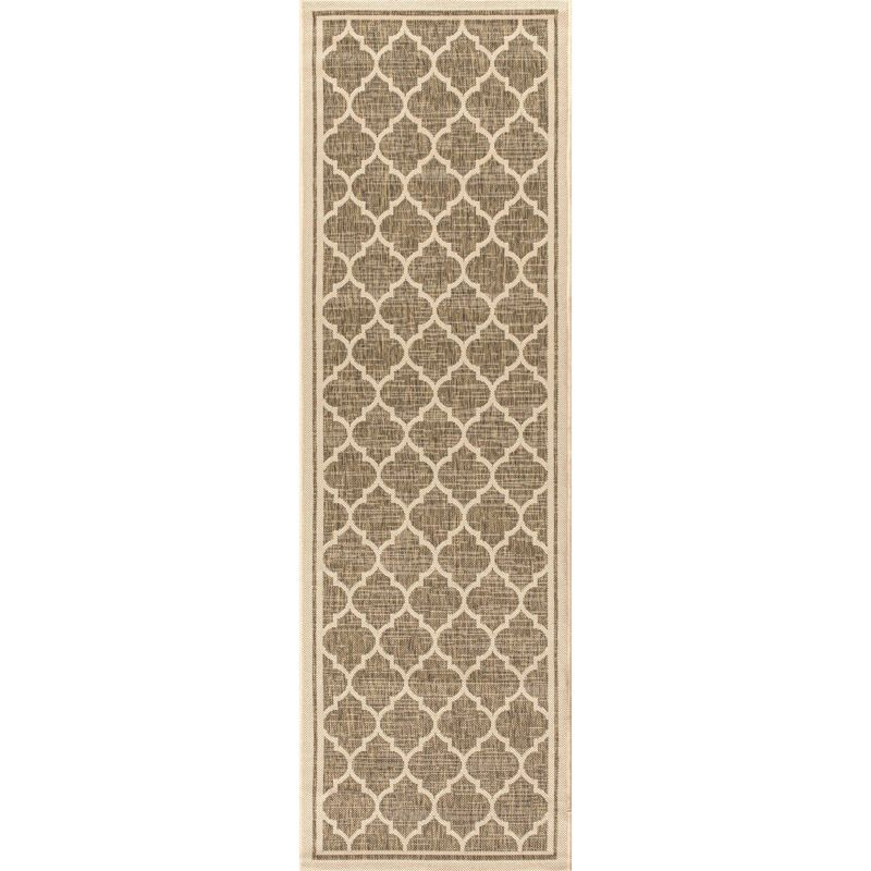 2' x 10' Trebol Moroccan Trellis Textured Weave Indoor/Outdoor Runner Rug, Brown/Beige - JONATHAN Y