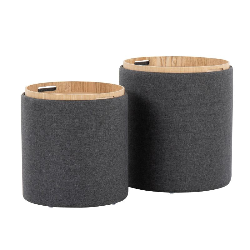 Tray Polyester/Wood Ottoman Set Charcoal/Natural - LumiSource: Includes 2, Space-Saving Design, No Assembly Required