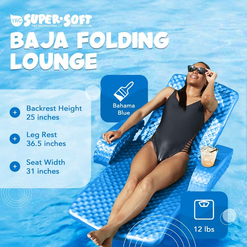 TRC Recreation Folding Baja II Lounger Foam Swimming Pool Float, Portable Floating Lounger with 2 Cup Holders for Beach Essentials, Bahama Blue