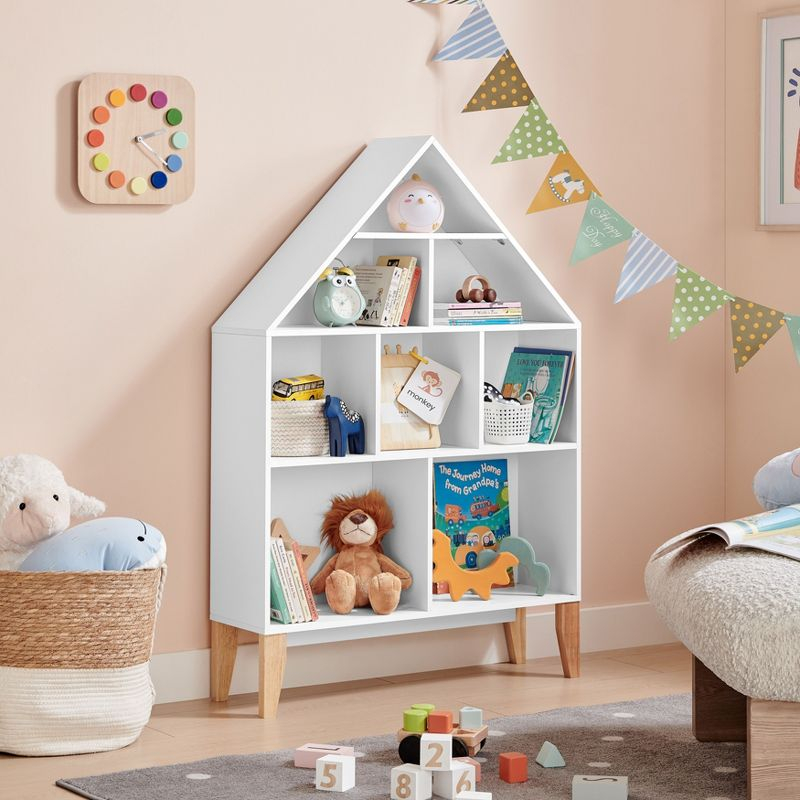 Steiner White Dollhouse 8-Compartment Kids Book or Toy Figure Display Unit Freestanding Bookshelf with Beech Legs