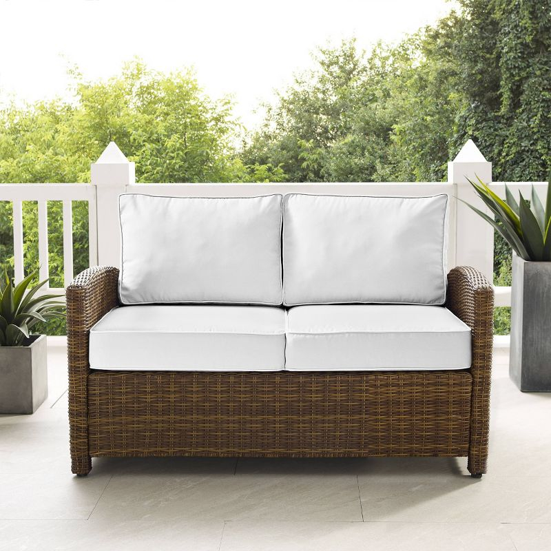 Bradenton Outdoor Loveseat: Weathered Brown/White, Steel Frame, Moisture-Resistant Cushions - Crosley