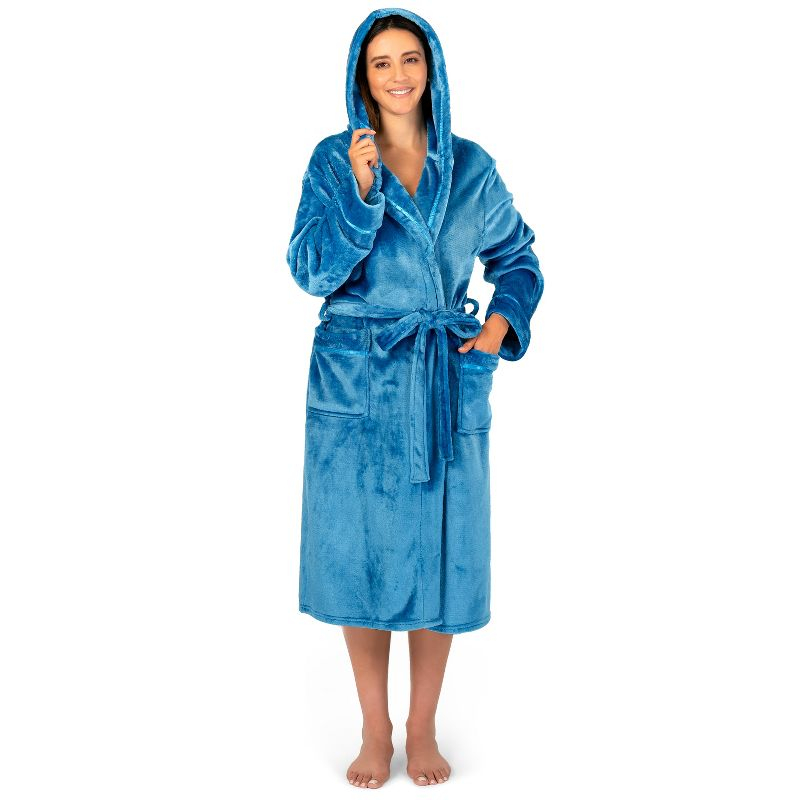 PAVILIA Fleece Robe For Women, Plush Warm Bathrobe, Fluffy Soft Spa Long Lightweight Fuzzy Cozy, Satin Trim (With Hood - Sea Blue, Large-X-Large)