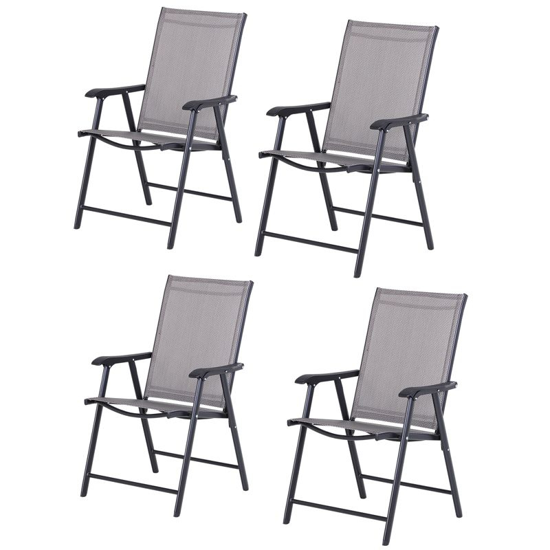 Outsunny Set of 4 Patio Folding Chairs, Stackable Outdoor Sling Chairs with Armrests for Lawn, Camping, Dining, Beach, Metal Frame, Gray