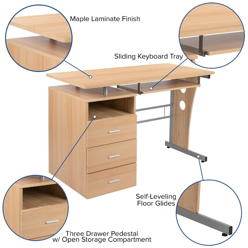 Emma and Oliver Maple Desk with Three Drawer Single Pedestal and Pull-Out Keyboard Tray