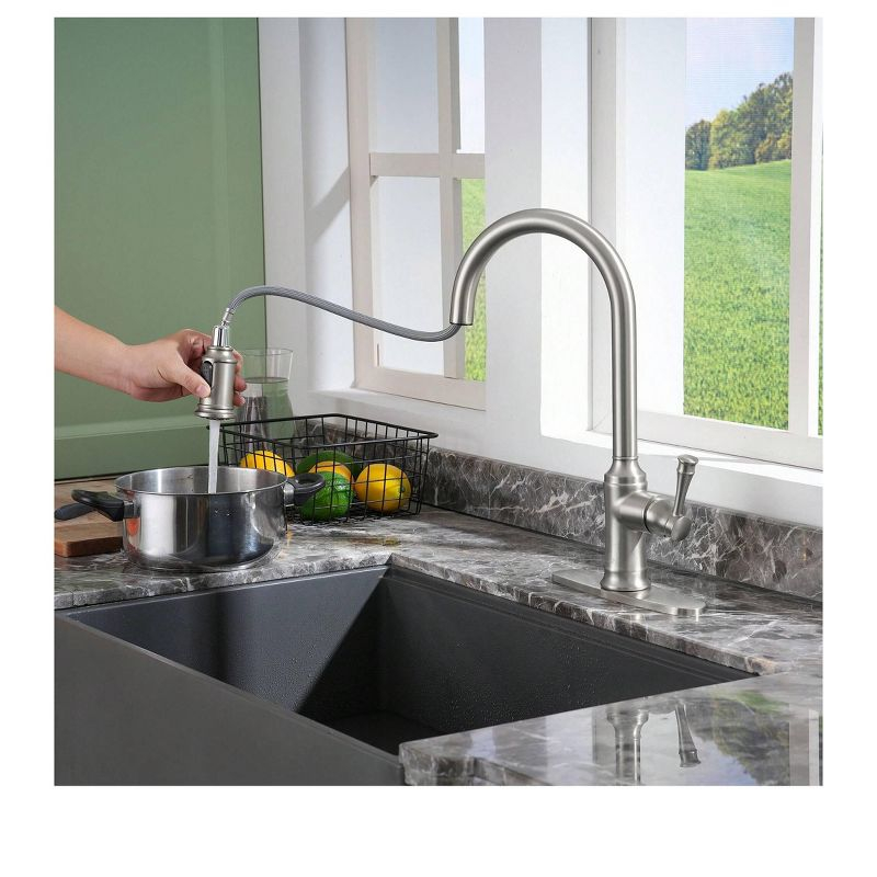 CASAINC Deck Mounted 1-Hole Single Handle Pull-out Kitchen Faucet, Brushed Nickel