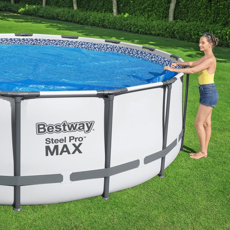 Bestway Flowclear 18 Foot Round Solar Heat Secure Pool Cover for Above Ground Swimming Pools with Storage Bag, Blue (Cover Only)