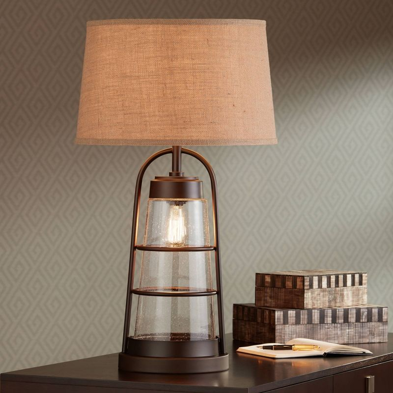 Franklin Iron Works Rustic Farmhouse Table Lamp 31" Tall with Nightlight Bronze Clear Seeded Glass Burlap Shade for Bedroom Living Room House Bedside