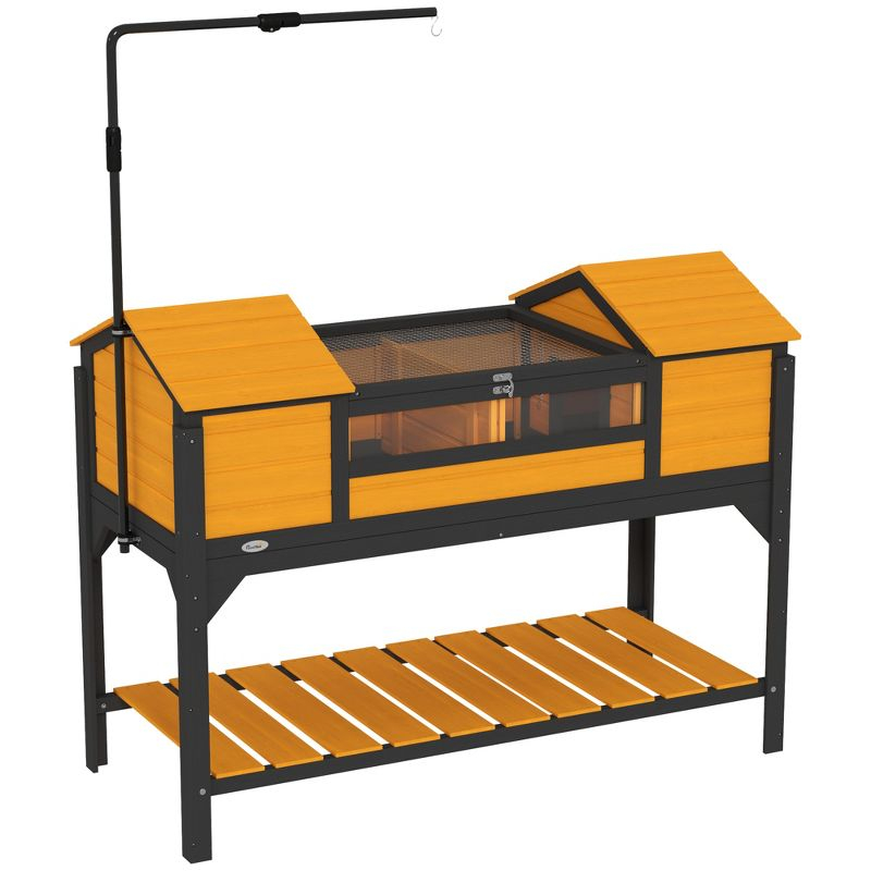 PawHut Tortoise Habitat with Adjustable Lamp Holder, Wooden Tortoise Enclosure with Storage Shelf, Dual Main Houses, Fixed Tray, Openable Lid, Yellow