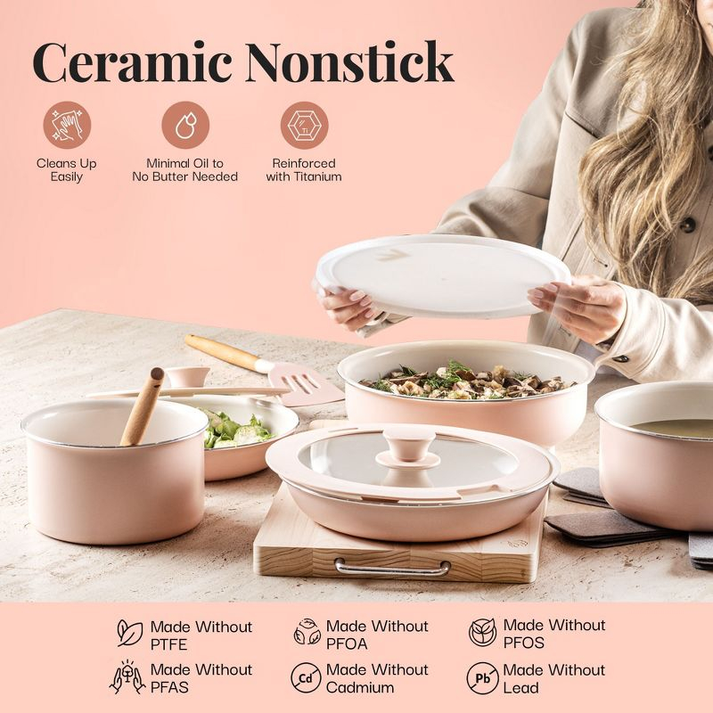 Gotham Steel Nonstick Pots and Pans 18 Piece Ceramic Induction Cookware Kitchen Set Detachable Handles Frying Skillet Pink