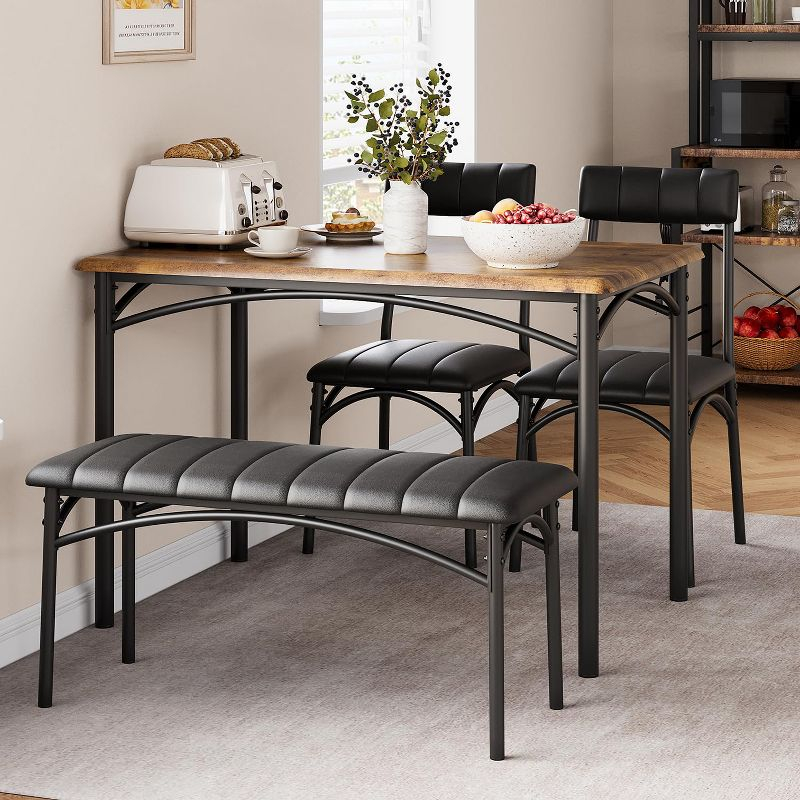 Garvee 4-Person Dining Set, Upholstered Chairs & Bench, Rectangular Kitchen Table Set for Small Space, Apartment, Home, Studio, Rustic Brown