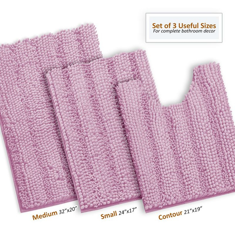 Hearth & Harbor 3 Piece Striped Bathroom Rug set, Ultra Soft Chenille Bathroom Rugs - Lilac